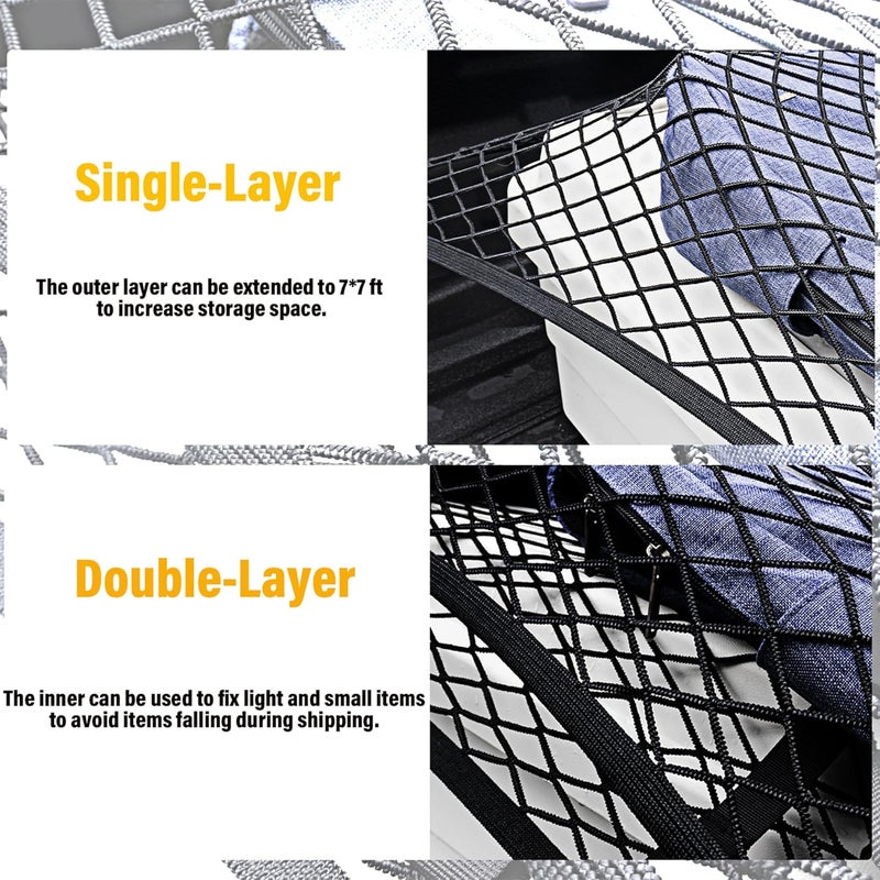 Isvo Cargo Net for Pickup Truck Bed, Trucks Cargo Net Mesh Organizer, 4'x4' Stretch to 7'x7' Highly Elastic Truck Bed Net for Camping, Trip Luggage, Compatible with Trailer, Ford, Chevrolet, Dodge - Image 4